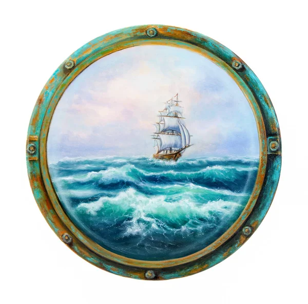 Original Oil Painting Showing Ship Stormy Ocean Sea Seen Cabin — Stock Photo, Image