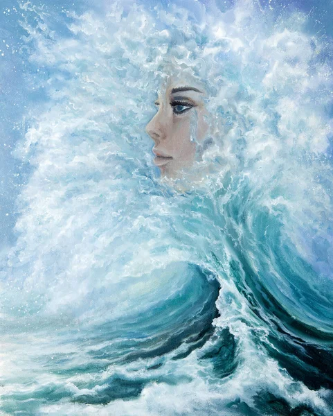 Original Abstrakt Oljemålning Visar Kvinnan Ansikte Från Vågor Hav Eller — Stockfoto