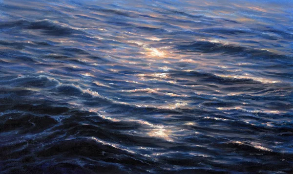 Original Oil Painting Showing Light Reflection Waves Ocean Sea Canvas — Stock Photo, Image