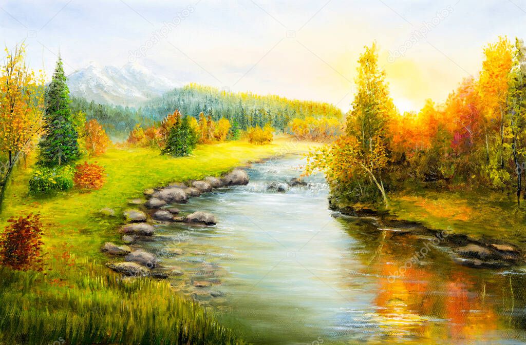 Original  oil painting of beautifl autumn landscape, forest,mountains  and river  on canvas.Modern Impressionism, modernism,marinis