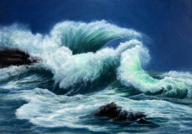 Orijinal yağlı boya tablo okyanusta veya denizde tuval üzerinde dalgaları gösteriyor. Modern empresyonizm, modernizm, mariniler