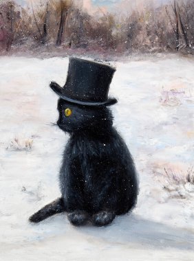 Kar yağışlı bir kış gününde silindir şapkalı kara kedi resmi.