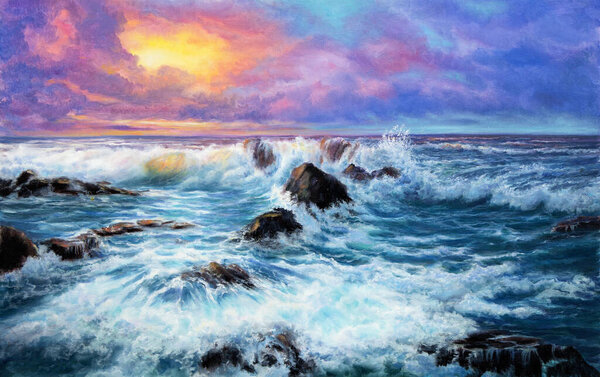 Original  oil painting of beautiful purple sunset over ocean beach with cliffs