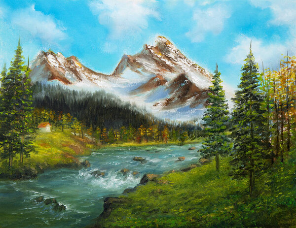 Original Oil Painting Beautifl Spring Landscape Forest Snow Mountains River Stock Picture