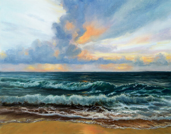 Original Oil Painting Beautiful Golden Sunset Ocean Beach Canvas Modern Royalty Free Stock Photos