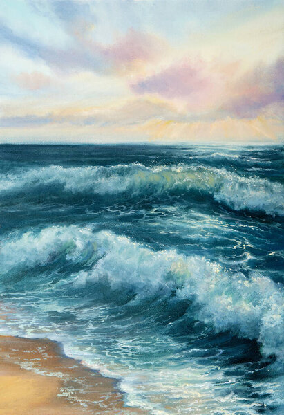 Original Oil Painting Beautiful Golden Sunset Ocean Beach Canvas Modern Stock Photo
