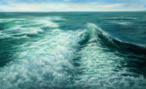 Original Oil Painting Showing Waves Ocean Sea Canvas Modern Impressionism Stock Image