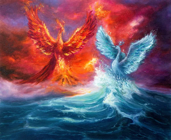 Original Abstract Oil Painting Showing Mythology Phoenix Spiritual Swan Waves — Foto de Stock