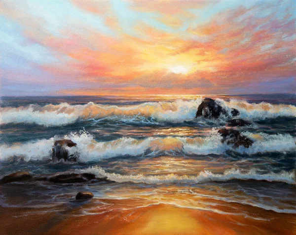 キャンバス上の海のビーチに美しい黄金の夕日の元の油絵 モダンな印象派 モダニズム マリニス — ストック写真