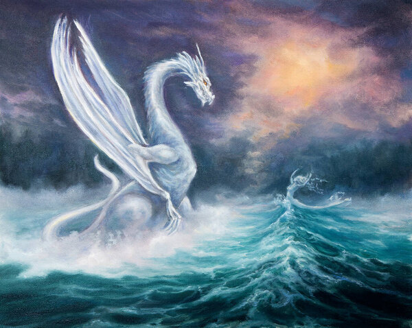 Original Abstract Oil Painting Showing Mighty Dragon Spiritual Woman Waves Stock Picture