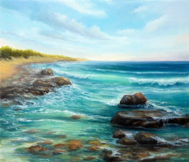 Okyanusun orijinal yağlı boya tablosu ve tuval üzerindeki uçurumlar. Modern empresyonizm