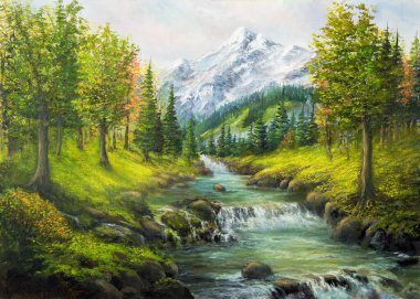Orijinal yağlı boya tablo güzel bahar manzarası, orman, kar dağları ve tuval üzerindeki nehir. Modern empresyonizm, modernizm, mariniler.