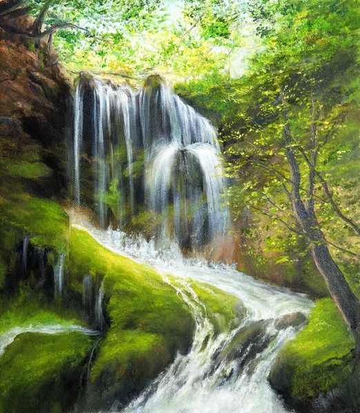 Pintura Óleo Original Del Paisaje Primavera Beautifl Cascada Bosque Sobre —  Fotos de Stock