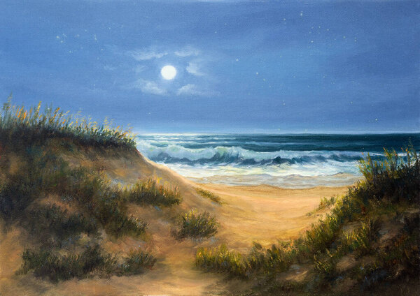 Original Oil Painting Ocean Beach Dunes Night Moon Stars Canvas Stock Image