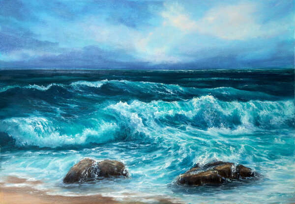 Original Oil Painting Ocean Cliffs Canvas Modern Impressionism Stock Picture