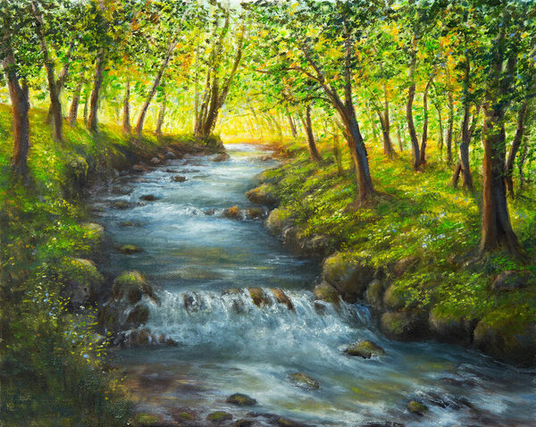 Original Oil Painting Beautifl Spring Landscape Forest River Canvas Modern Stock Photo