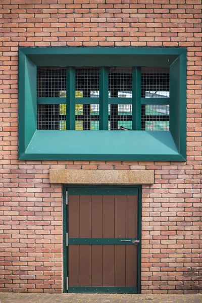 ブリックウォールとして緑のドア色 — ストック写真