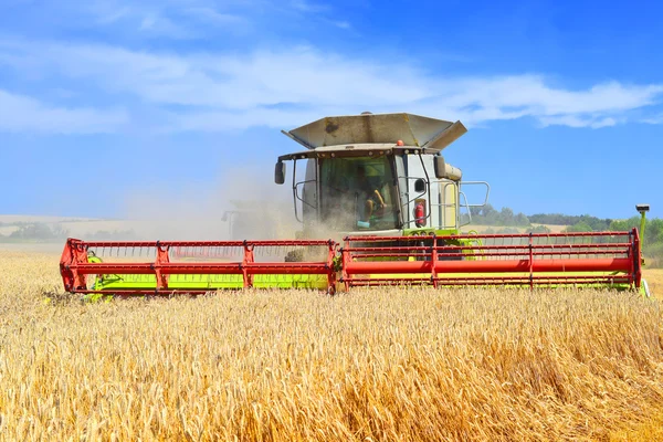 . Grain harvesting combine in a rural landscape — Stock Photo, Image