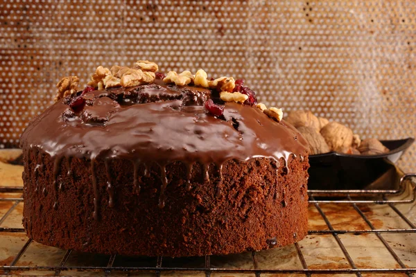 Sweet chocolate cake with walnuts and cranberries — Stock Photo, Image