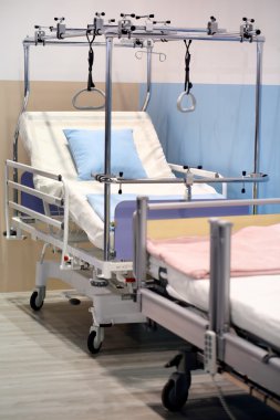 POZNAN, POLAND - APRIL 12. 2016: Empty bed in hospital room. Poz