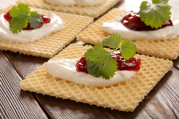 Yellow waffle with white cottage cheese cherry jam and fresh her — Stock Photo, Image