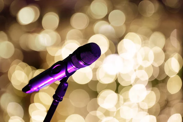 Microphone Stage Front Blurred Lights Empty Space Text — Stock Photo, Image