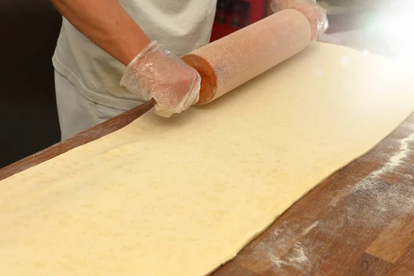 Baker Rolls Out Dough Cookies Empty Space Text — Stock Photo, Image