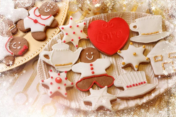 Christmas Gingerbreads Cookies Wooden Table Empty Space Text — Stock Photo, Image