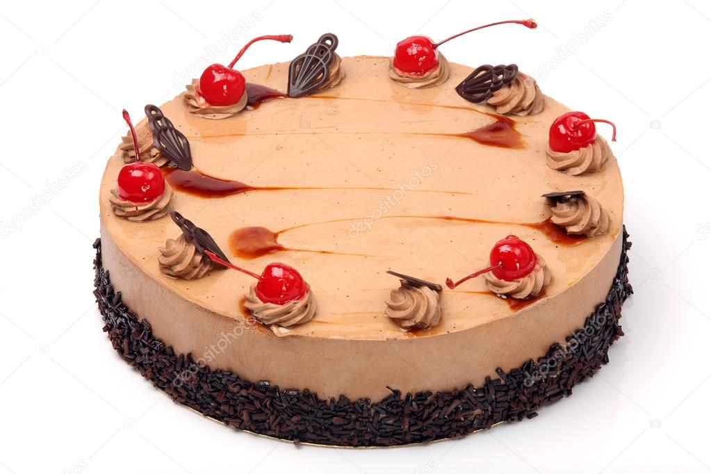 Coffee cake with cherry on white background