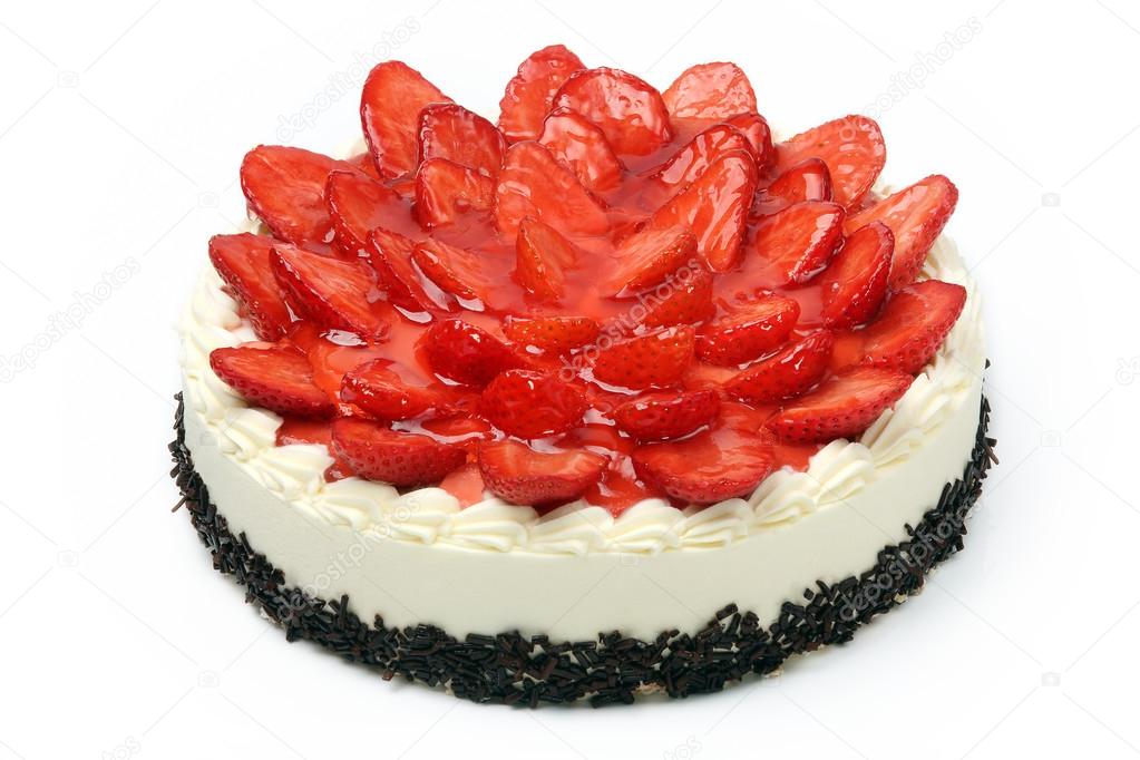 Cream cake with strawberries on white background