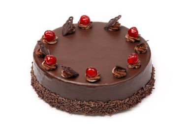 Cream chocolate cake with cherries on white background clipart