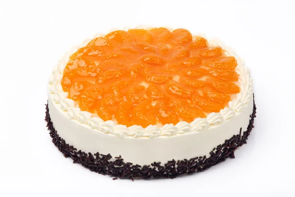 Cream cake with mandarins on white background — Stock Photo, Image