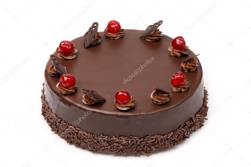 Cream chocolate cake with cherries on white background