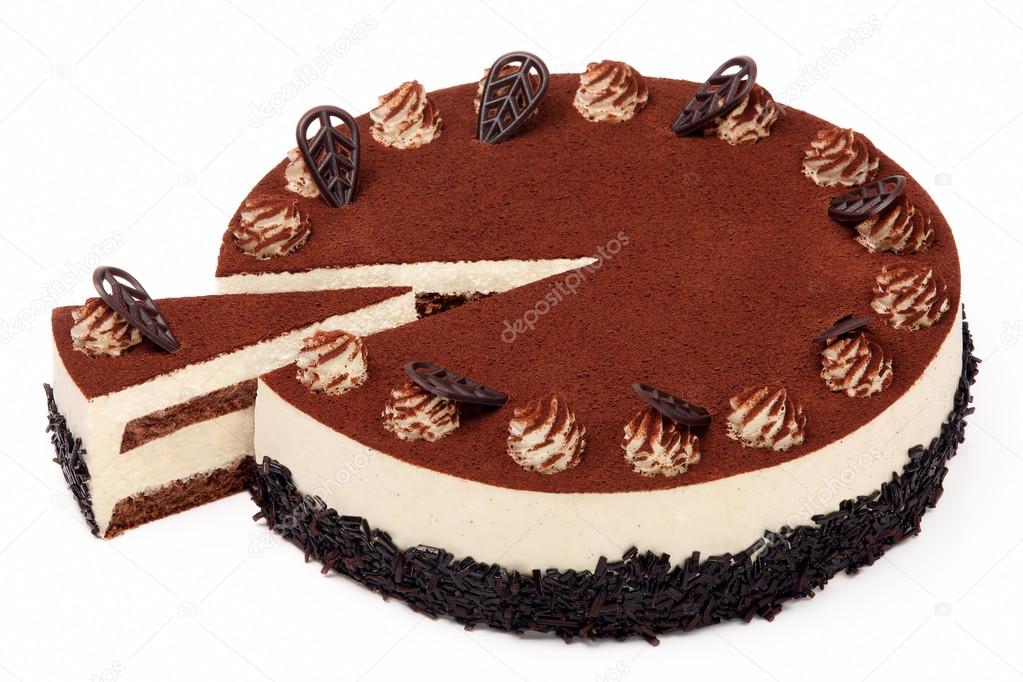 Cream coffee cake with icing on white background