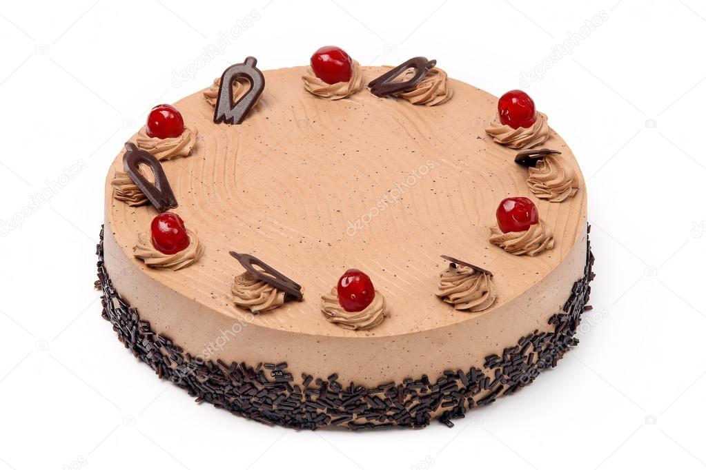 Cream cocoa cake with cherries on white background
