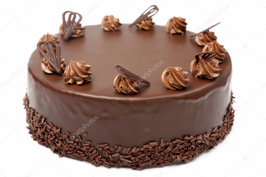 Cream chocolate cake with icing on white background