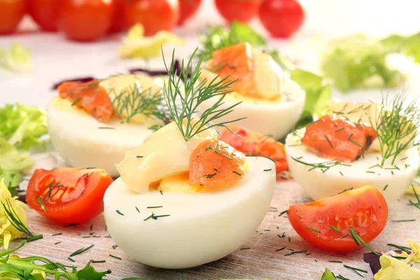Easter eggs with mayonnaise and salmon — Stock Photo, Image