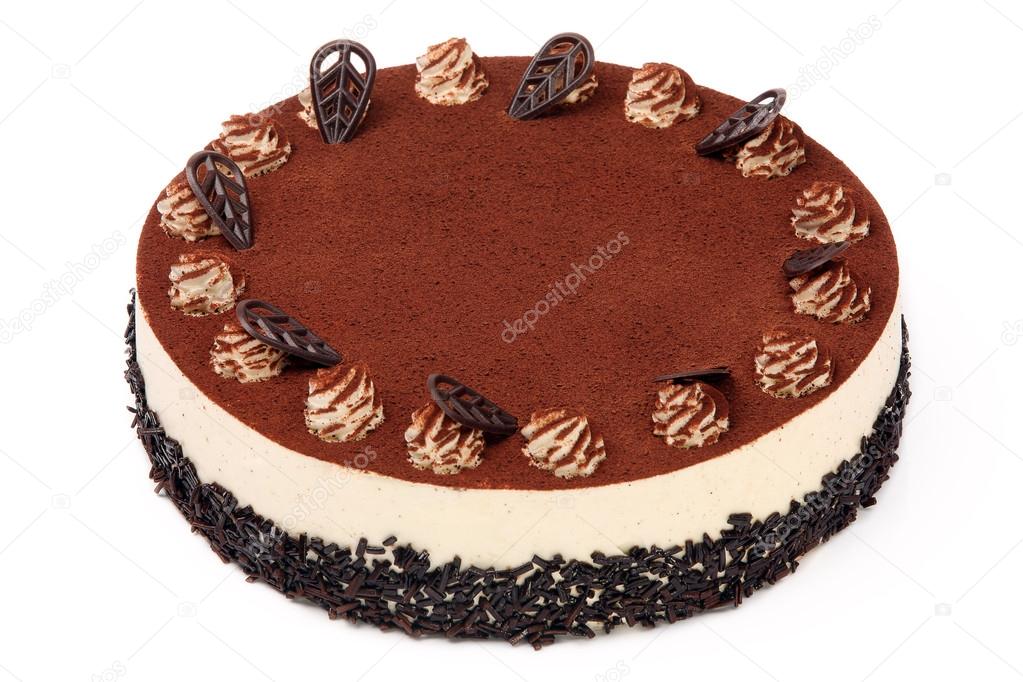 Cream coffee cake with icing on white background