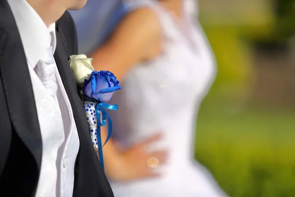 Groom with wedding blue rose buttonhole outdoors — Stock Photo, Image