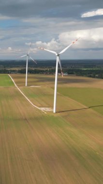 Öğleden sonra güneşi altında elektrikli yel değirmenleri olan büyük tarlaların dikey hava manzarası