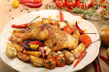 Kavrulmuş Tavuk budu sebze ve otlar üzerinde ahşap backgro