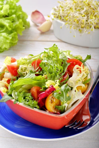 Свежий здоровый салат в миске с гриссини и капустой — стоковое фото