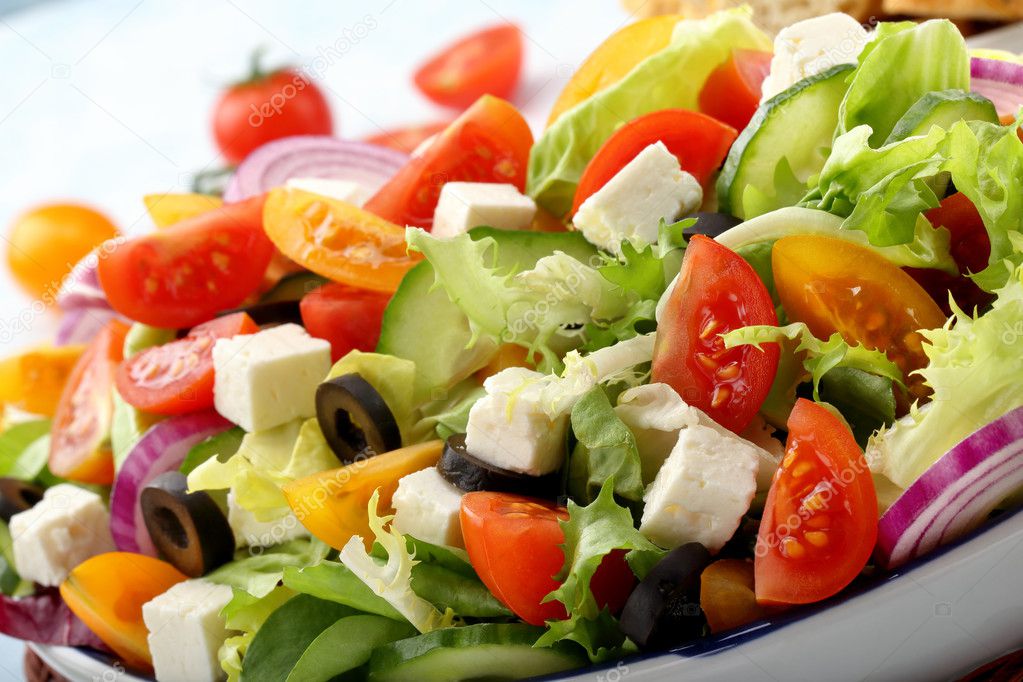 Greek salad with feta cheese and black olives
