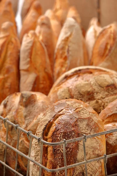 Vers Frans stokbrood in metalen mand in bakkerij — Stockfoto