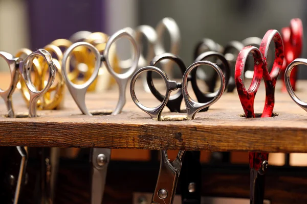 Hairdressing scissors in wooden stand — Stock Photo, Image