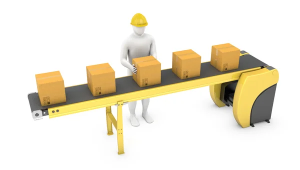 Trabajador clasifica paquetes en cinta transportadora — Foto de Stock