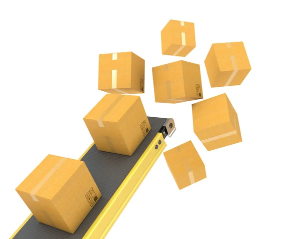 Belt conveyor with falling carton boxes — Stock Photo, Image