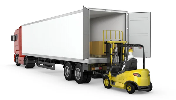 Forklift unloads or loads white blank semi-trailer isolated — Stock Photo, Image