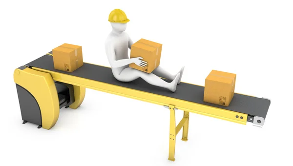 Worker sits on belt conveyor — Stock Photo, Image