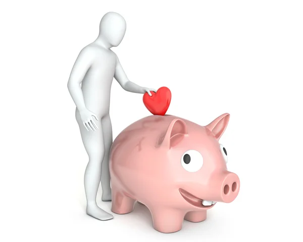 Abstrato branco cara coloca vermelho coração no porquinho banco — Fotografia de Stock